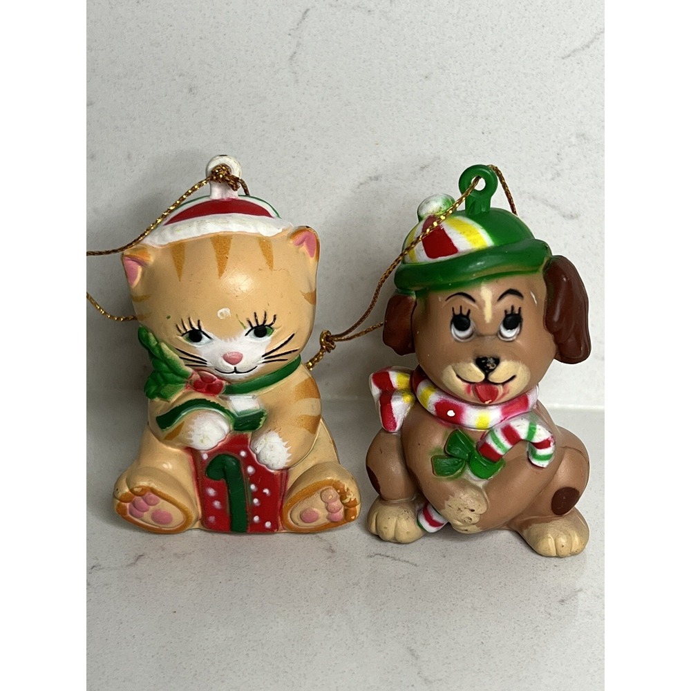 Vintage 1985 W.A. Christmas Cuties Ornaments Dog & Cat/Puppy & Kitten In OG Box